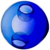 Bocci 28 pendant light, blue glass, two interconnected spherical orbs with glossy finish, studio lighting, olive-green backdrop.